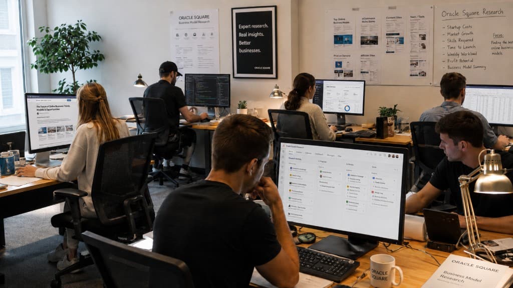 Oracle Square researchers reviewing online business models, market data, and working notes in the office